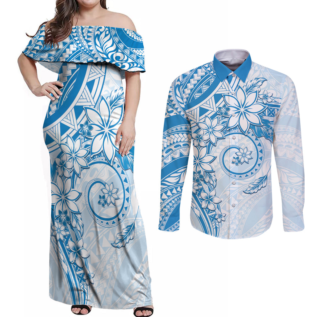 Polynesian Pattern With Plumeria Flowers Couples Matching Off Shoulder Maxi Dress and Long Sleeve Button Shirt Blue LT05 Blue - Polynesian Pride