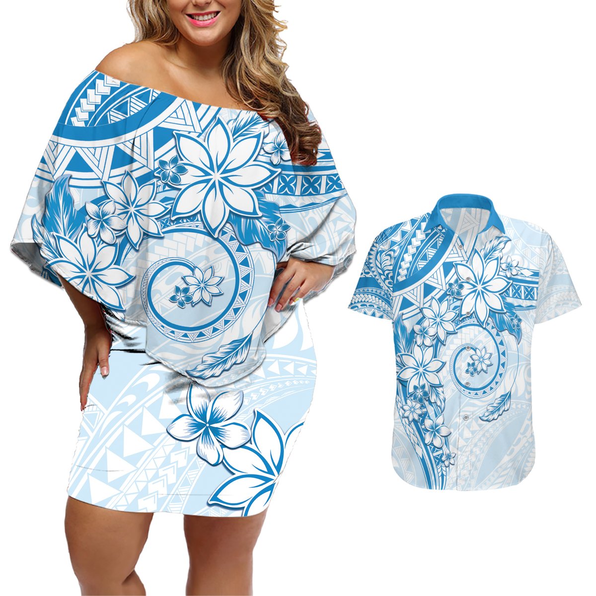 Polynesian Pattern With Plumeria Flowers Couples Matching Off Shoulder Short Dress and Hawaiian Shirt Blue