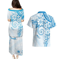 Polynesian Pattern With Plumeria Flowers Couples Matching Puletasi and Hawaiian Shirt Blue
