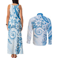 Polynesian Pattern With Plumeria Flowers Couples Matching Tank Maxi Dress and Long Sleeve Button Shirt Blue