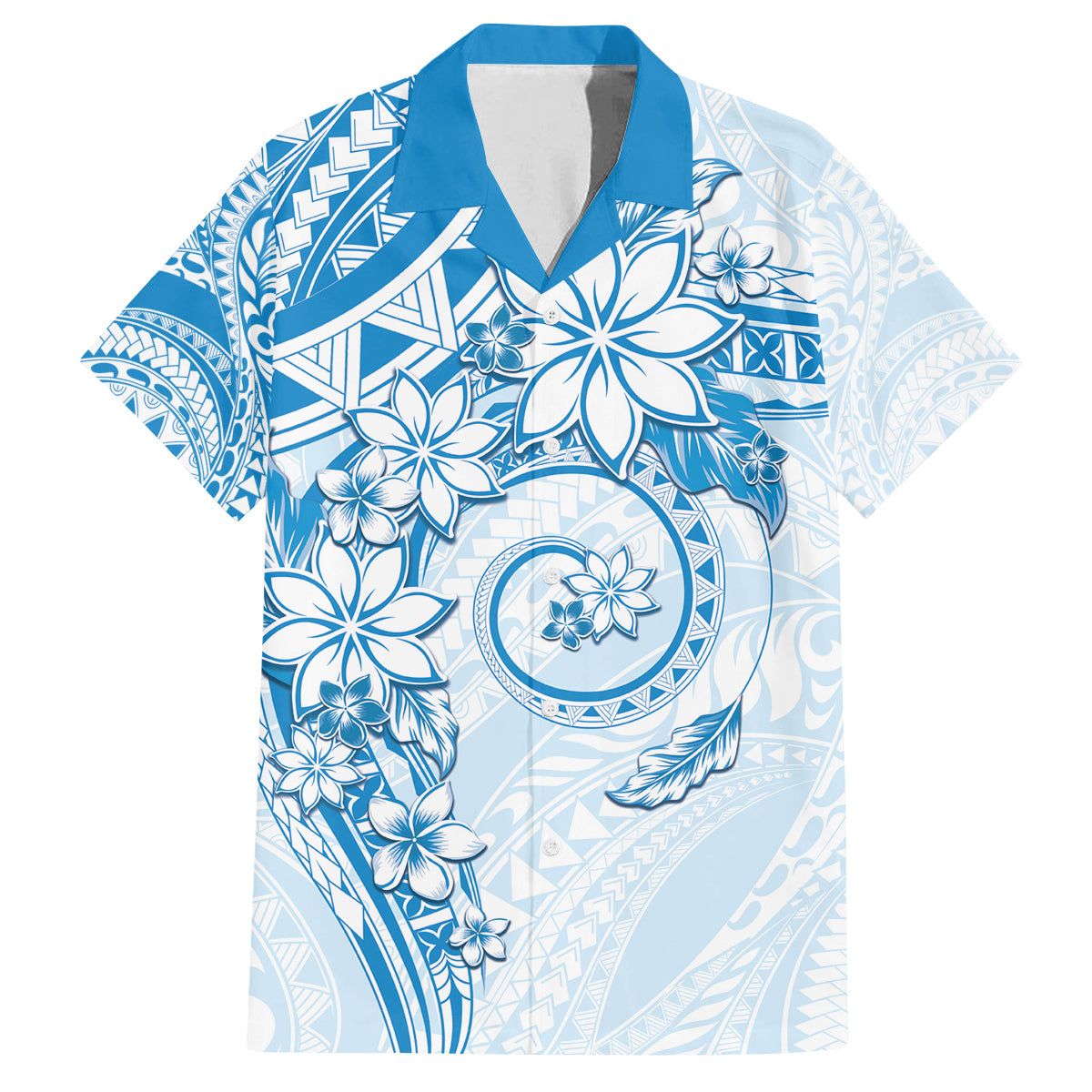 Polynesian Pattern With Plumeria Flowers Family Matching Long Sleeve Bodycon Dress and Hawaiian Shirt Blue