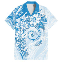 Polynesian Pattern With Plumeria Flowers Family Matching Long Sleeve Bodycon Dress and Hawaiian Shirt Blue