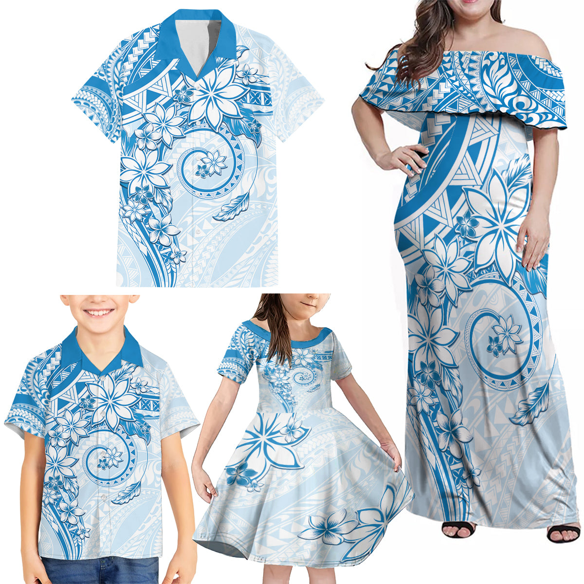 Polynesian Pattern With Plumeria Flowers Family Matching Off Shoulder Maxi Dress and Hawaiian Shirt Blue LT05 - Polynesian Pride