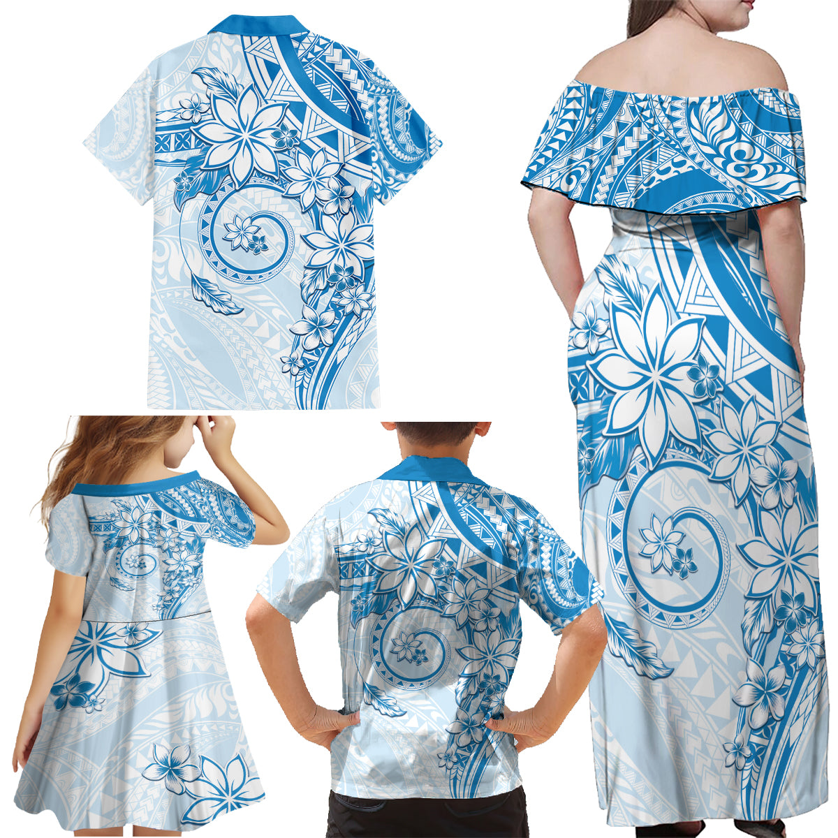 Polynesian Pattern With Plumeria Flowers Family Matching Off Shoulder Maxi Dress and Hawaiian Shirt Blue LT05 - Polynesian Pride