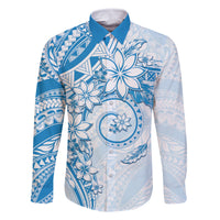 Polynesian Pattern With Plumeria Flowers Family Matching Off Shoulder Maxi Dress and Hawaiian Shirt Blue LT05 Dad's Shirt - Long Sleeve Blue - Polynesian Pride