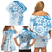 Polynesian Pattern With Plumeria Flowers Family Matching Off Shoulder Short Dress and Hawaiian Shirt Blue LT05 - Polynesian Pride