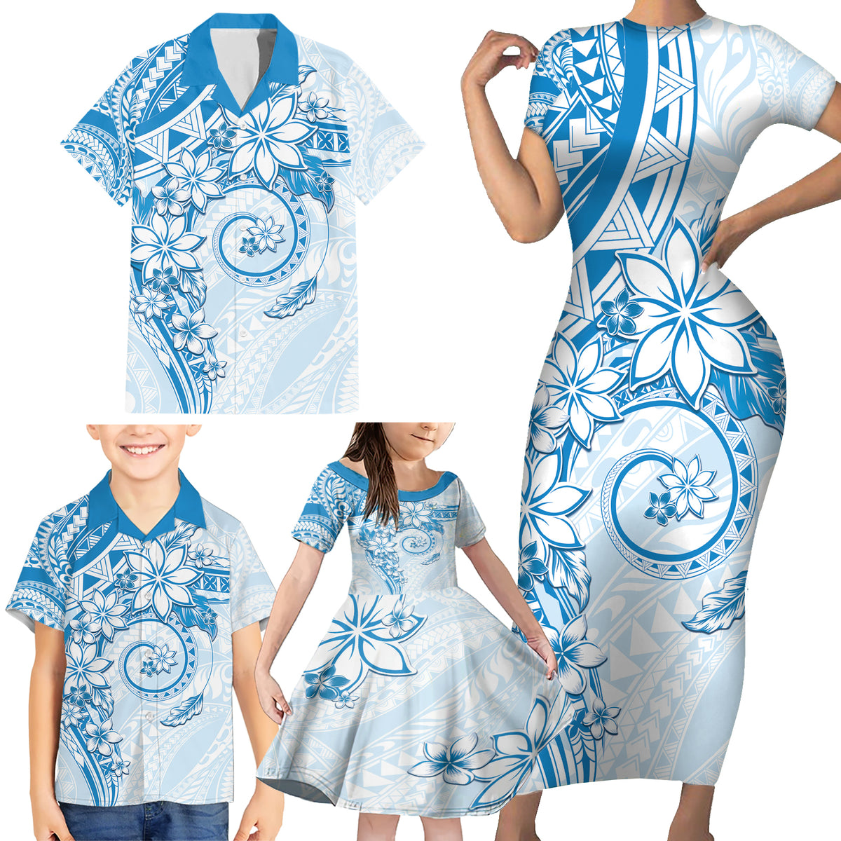 Polynesian Pattern With Plumeria Flowers Family Matching Short Sleeve Bodycon Dress and Hawaiian Shirt Blue LT05 - Polynesian Pride