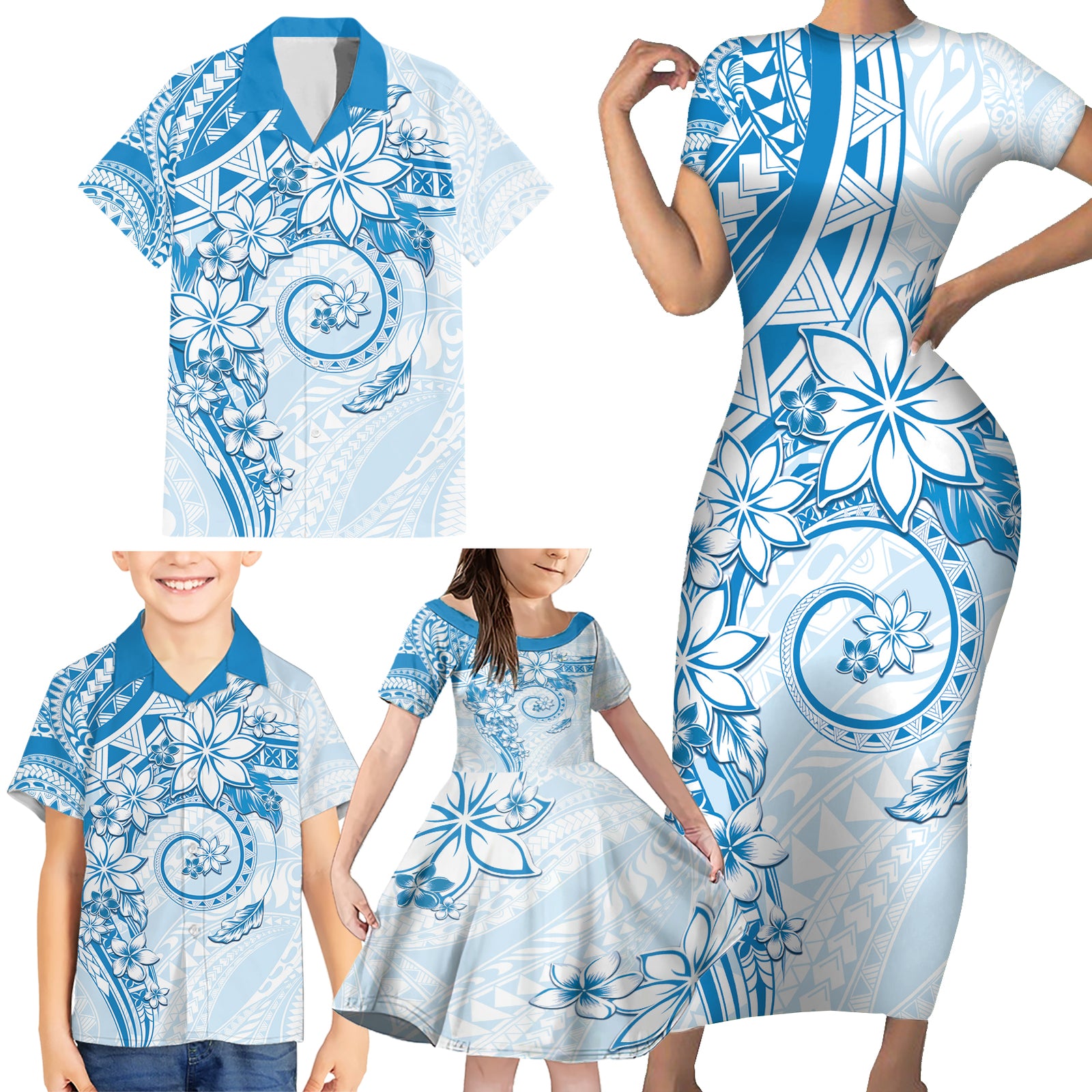 Polynesian Pattern With Plumeria Flowers Family Matching Short Sleeve Bodycon Dress and Hawaiian Shirt Blue LT05 - Polynesian Pride