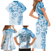 Polynesian Pattern With Plumeria Flowers Family Matching Short Sleeve Bodycon Dress and Hawaiian Shirt Blue LT05 - Polynesian Pride