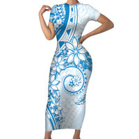 Polynesian Pattern With Plumeria Flowers Family Matching Short Sleeve Bodycon Dress and Hawaiian Shirt Blue LT05 Mom's Dress Blue - Polynesian Pride