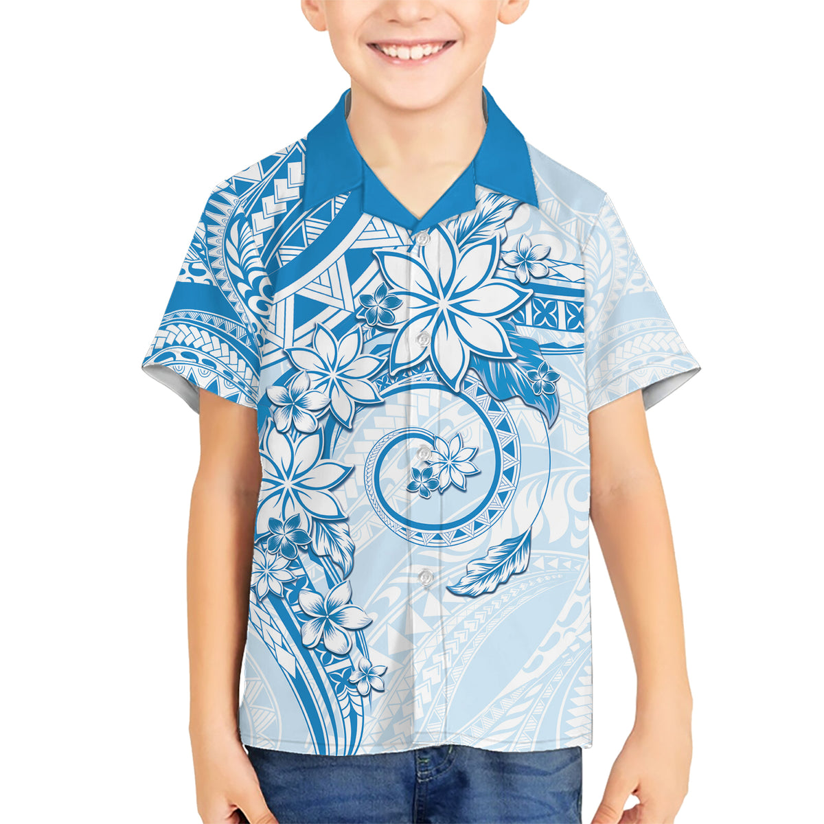 Polynesian Pattern With Plumeria Flowers Family Matching Short Sleeve Bodycon Dress and Hawaiian Shirt Blue LT05 Son's Shirt Blue - Polynesian Pride