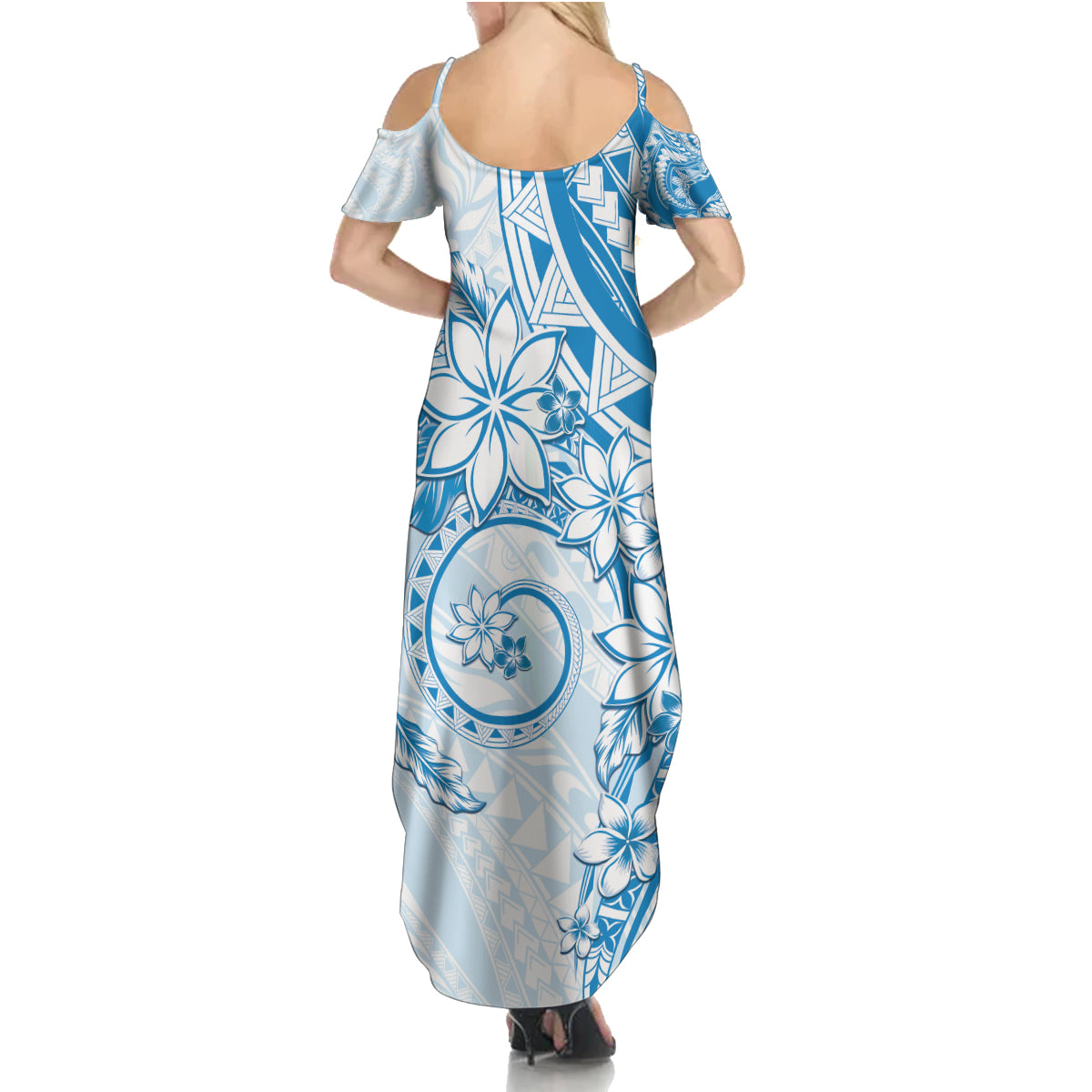 Polynesian Pattern With Plumeria Flowers Family Matching Summer Maxi Dress and Hawaiian Shirt Blue LT05 - Polynesian Pride