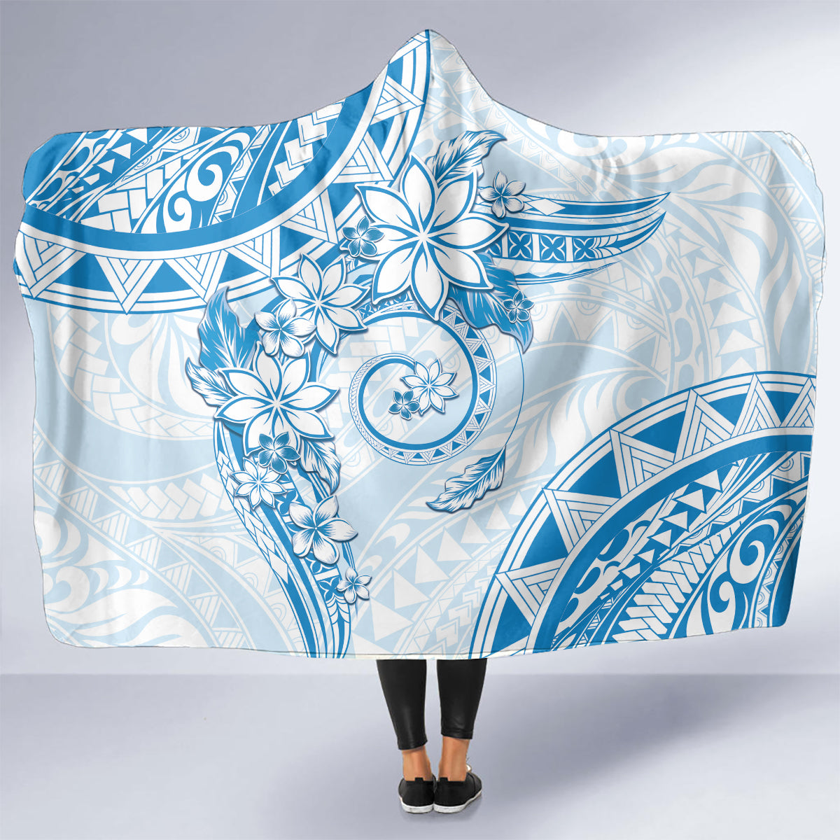Polynesian Pattern With Plumeria Flowers Hooded Blanket Blue