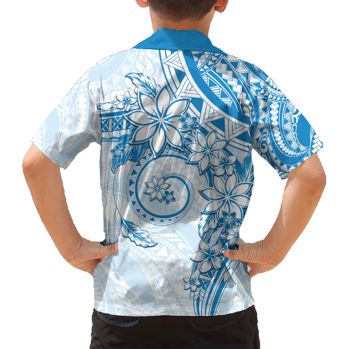 Polynesian Pattern With Plumeria Flowers Kid Hawaiian Shirt Blue