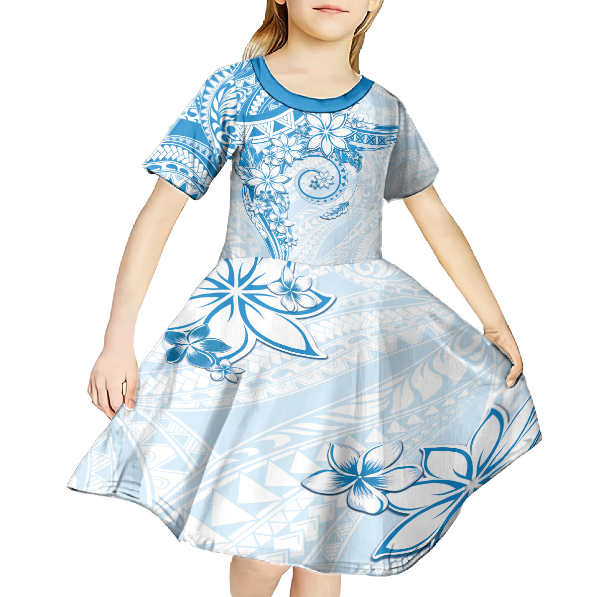Polynesian Pattern With Plumeria Flowers Kid Short Sleeve Dress Blue