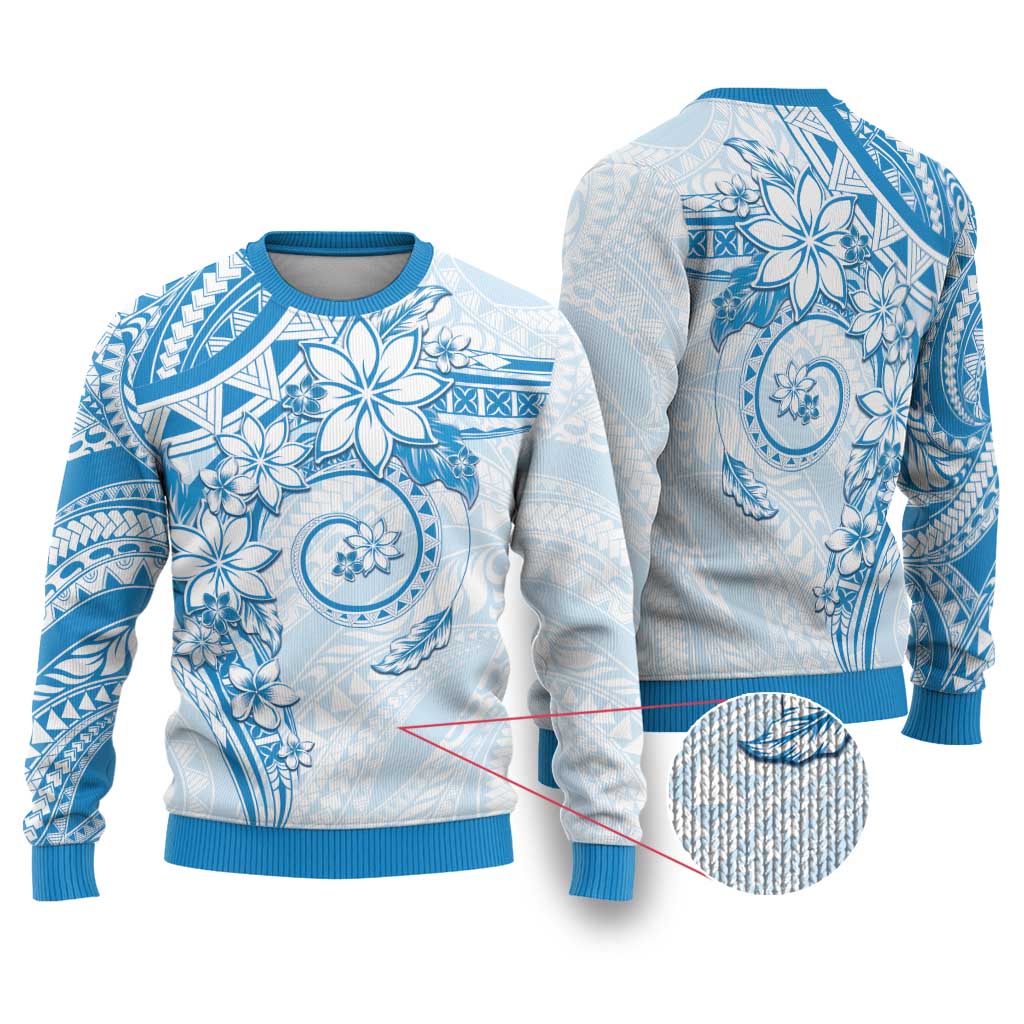 Polynesian Pattern With Plumeria Flowers Ugly Christmas Sweater Blue