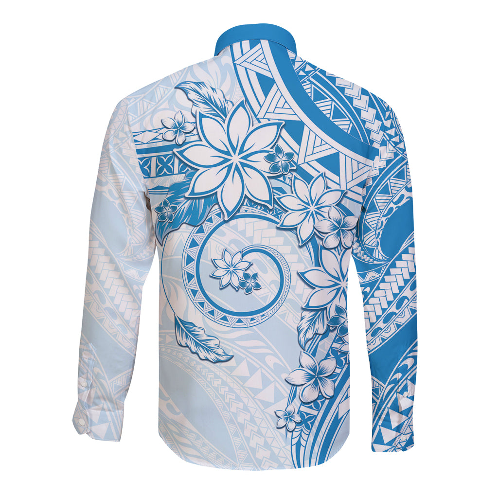 Polynesian Pattern With Plumeria Flowers Long Sleeve Button Shirt Blue