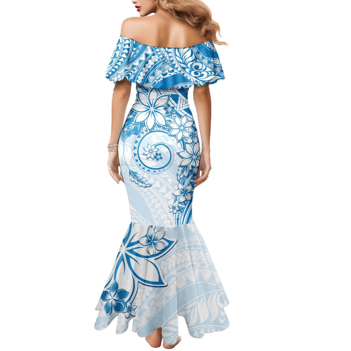 Polynesian Pattern With Plumeria Flowers Mermaid Dress Blue LT05 - Polynesian Pride