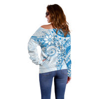 Polynesian Pattern With Plumeria Flowers Off Shoulder Sweater Blue