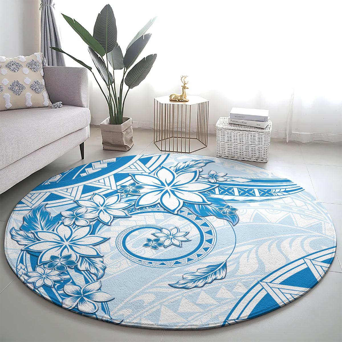 Polynesian Pattern With Plumeria Flowers Round Carpet Blue