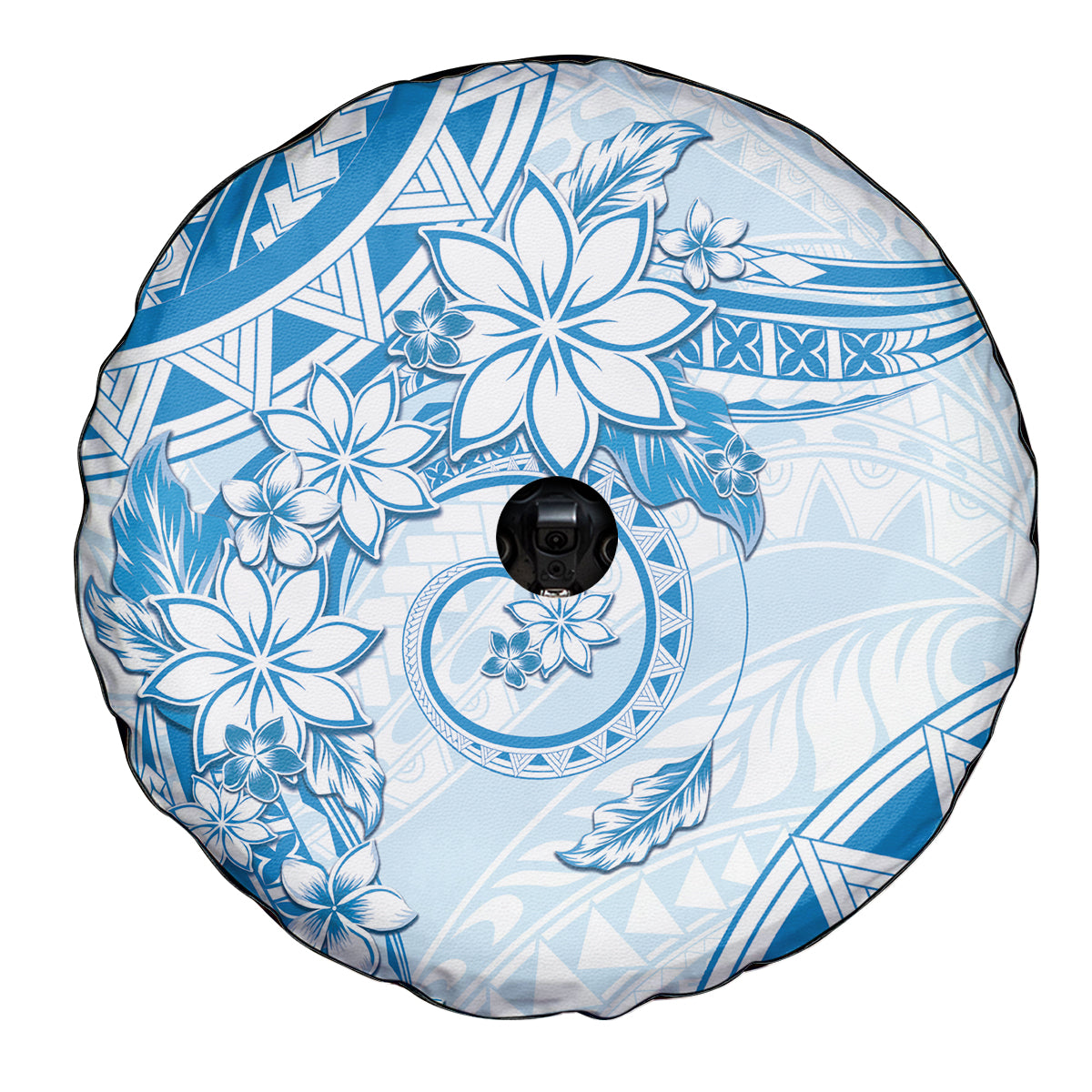 Polynesian Pattern With Plumeria Flowers Spare Tire Cover Blue