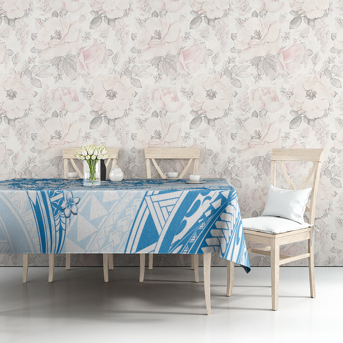 Polynesian Pattern With Plumeria Flowers Tablecloth Blue LT05 - Polynesian Pride