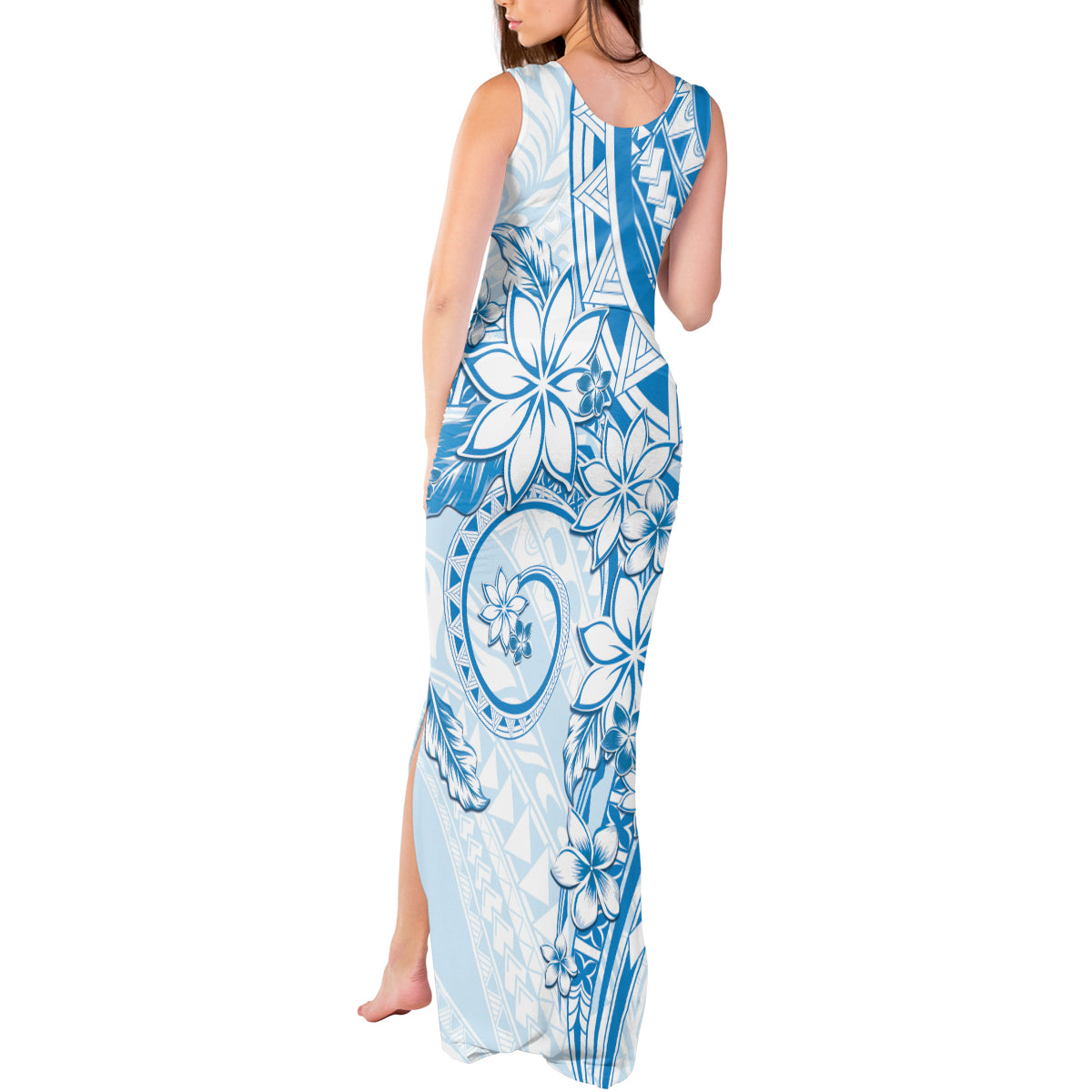 Polynesian Pattern With Plumeria Flowers Tank Maxi Dress Blue