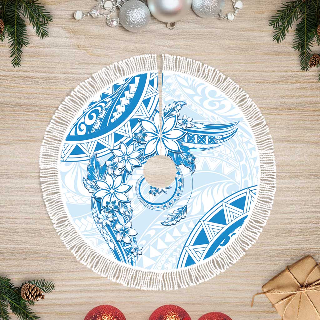 Polynesian Pattern With Plumeria Flowers Tree Skirt Blue LT05 Fringed Blue - Polynesian Pride
