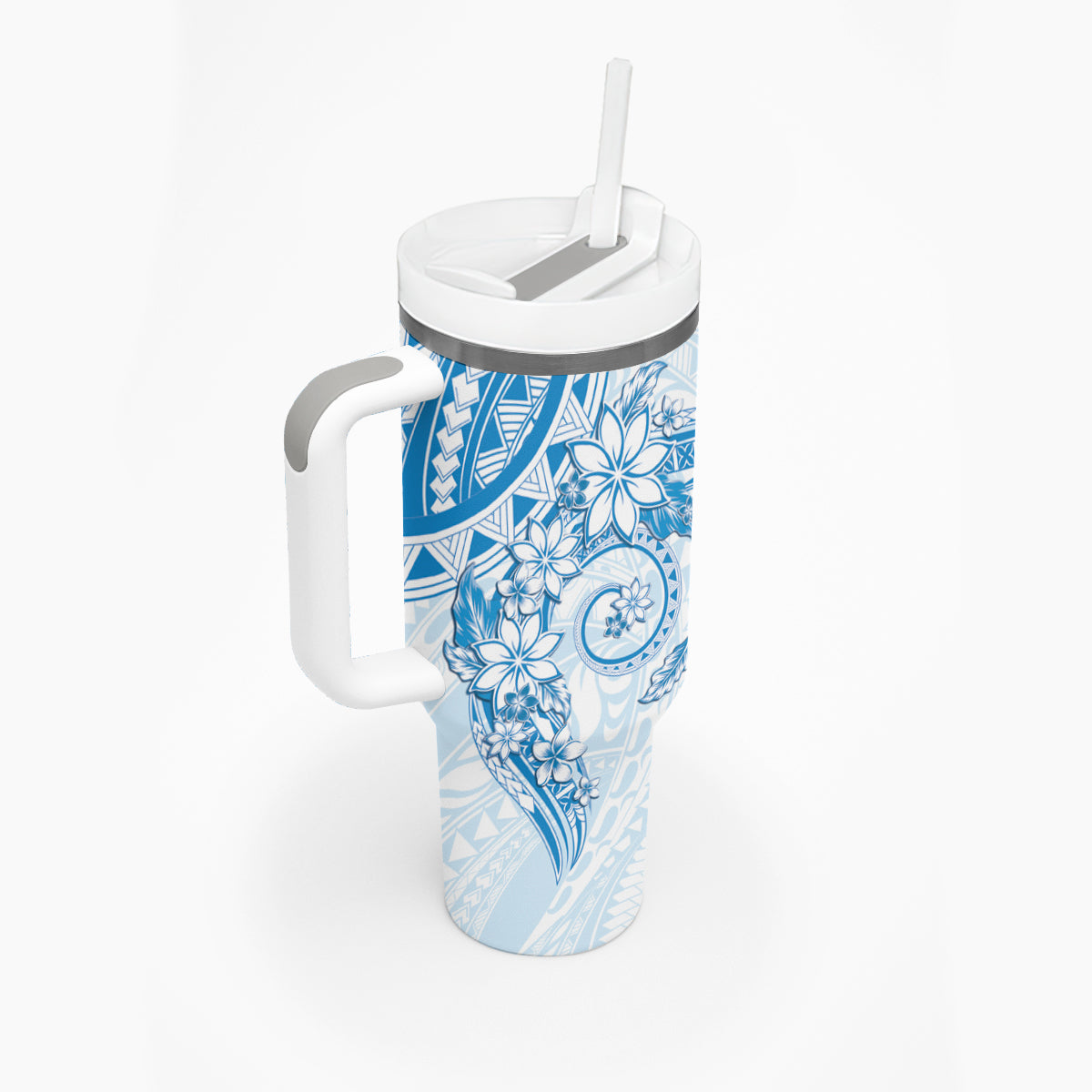 Blue Polynesian Pattern With Plumeria Flowers Tumbler With Handle