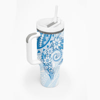 Blue Polynesian Pattern With Plumeria Flowers Tumbler With Handle