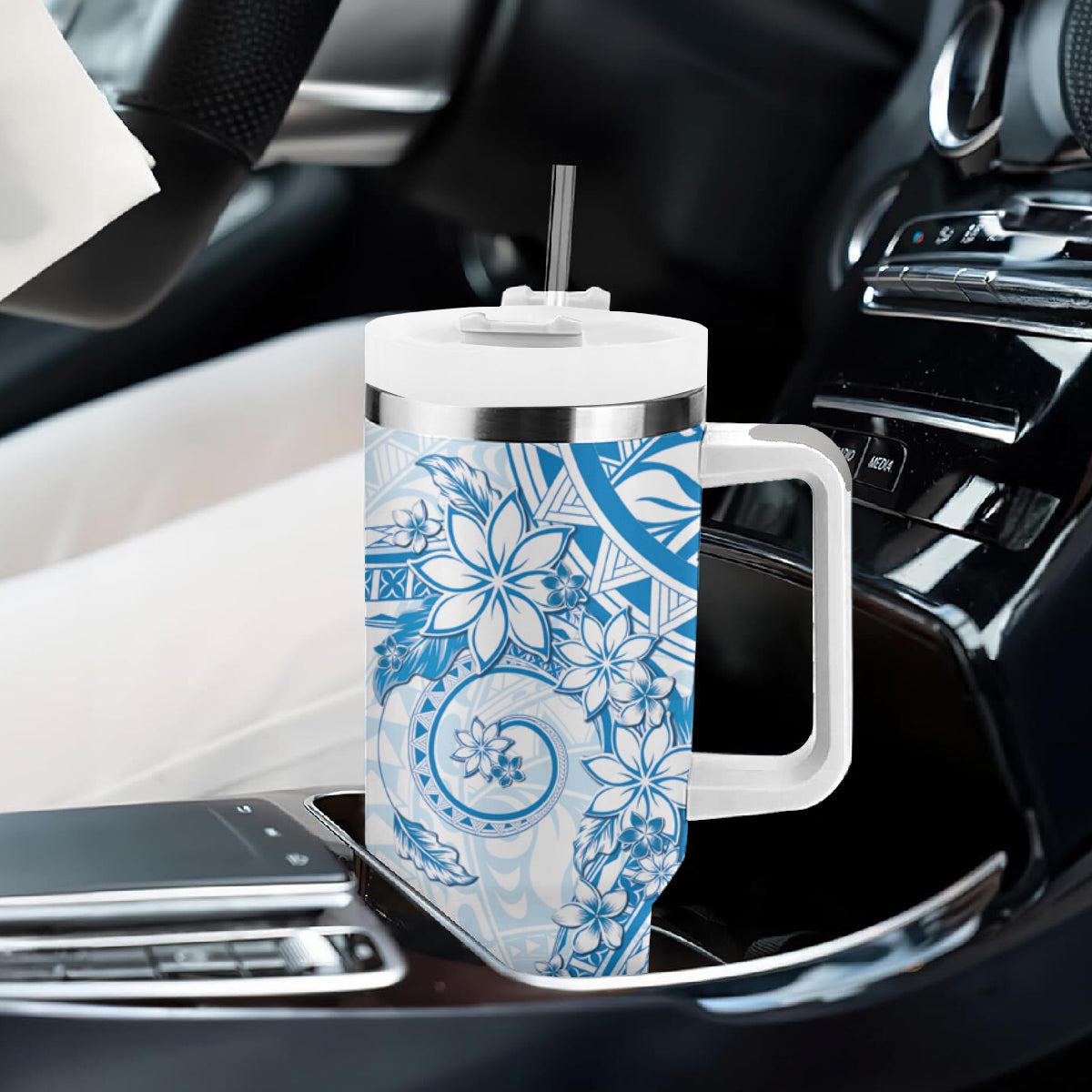 Blue Polynesian Pattern With Plumeria Flowers Tumbler With Handle
