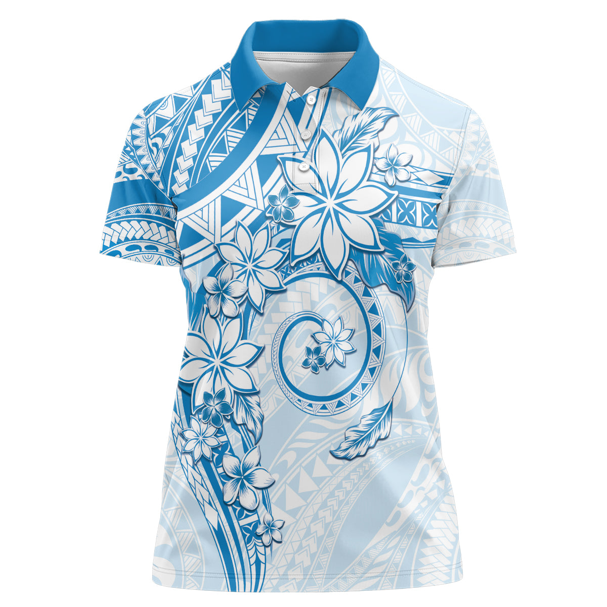 Polynesian Pattern With Plumeria Flowers Women Polo Shirt Blue