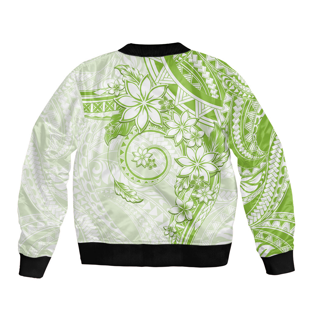 Polynesian Pattern With Plumeria Flowers Bomber Jacket Lime Green