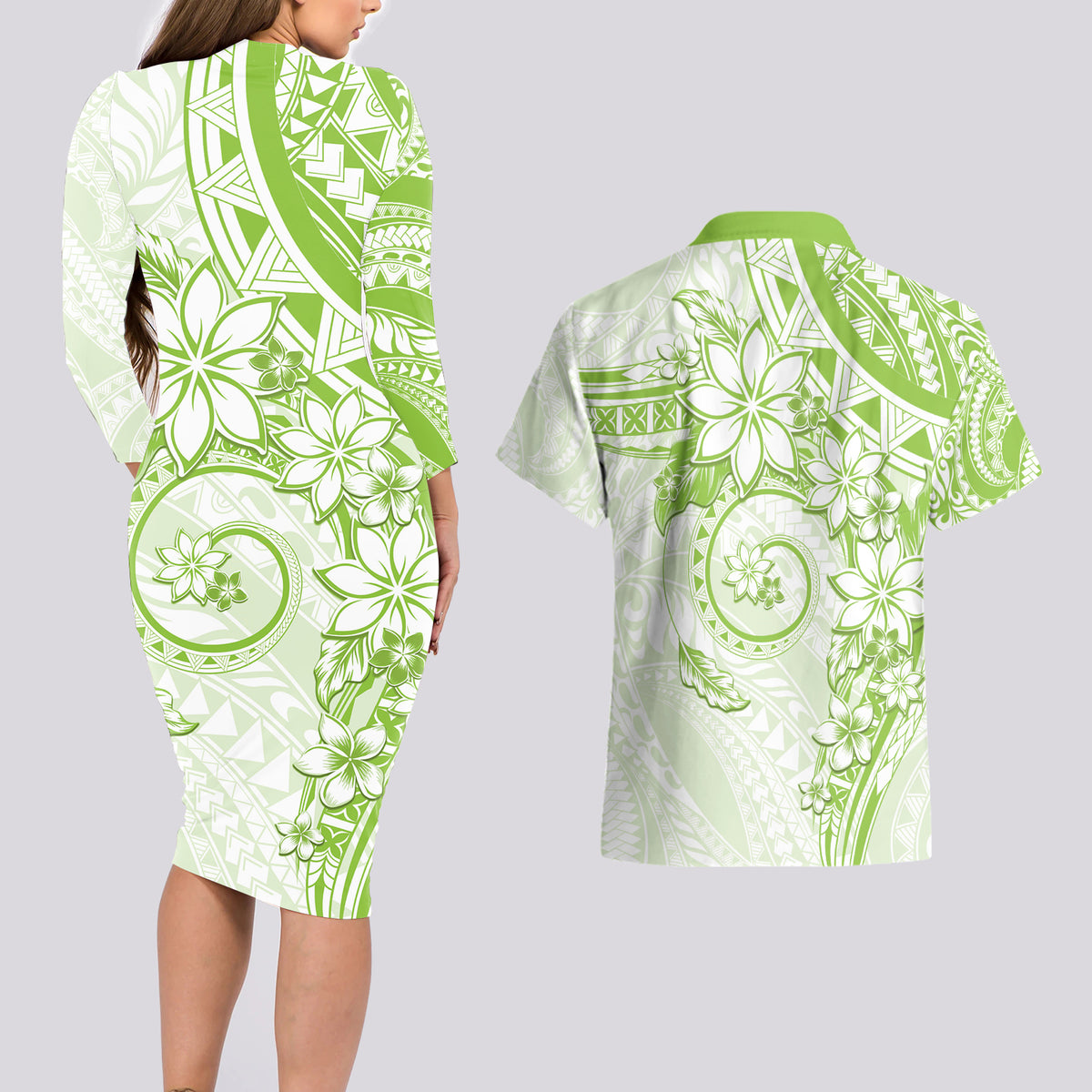Polynesian Pattern With Plumeria Flowers Couples Matching Long Sleeve Bodycon Dress and Hawaiian Shirt Lime Green