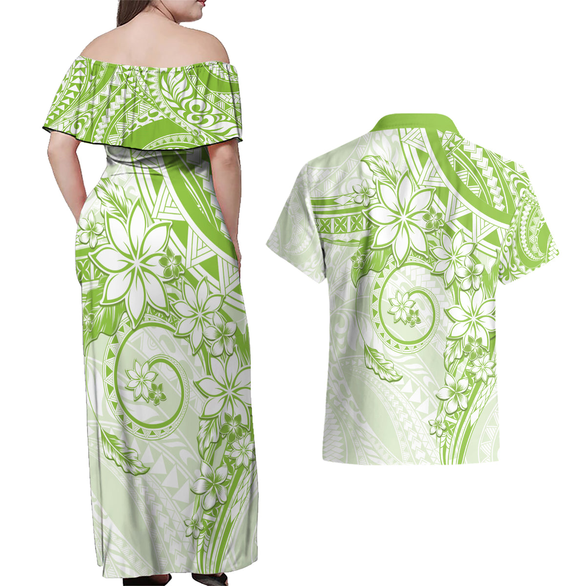 Polynesian Pattern With Plumeria Flowers Couples Matching Off Shoulder Maxi Dress and Hawaiian Shirt Lime Green