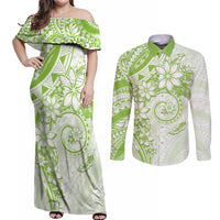 Polynesian Pattern With Plumeria Flowers Couples Matching Off Shoulder Maxi Dress and Long Sleeve Button Shirt Lime Green