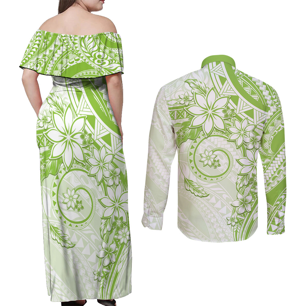 Polynesian Pattern With Plumeria Flowers Couples Matching Off Shoulder Maxi Dress and Long Sleeve Button Shirt Lime Green