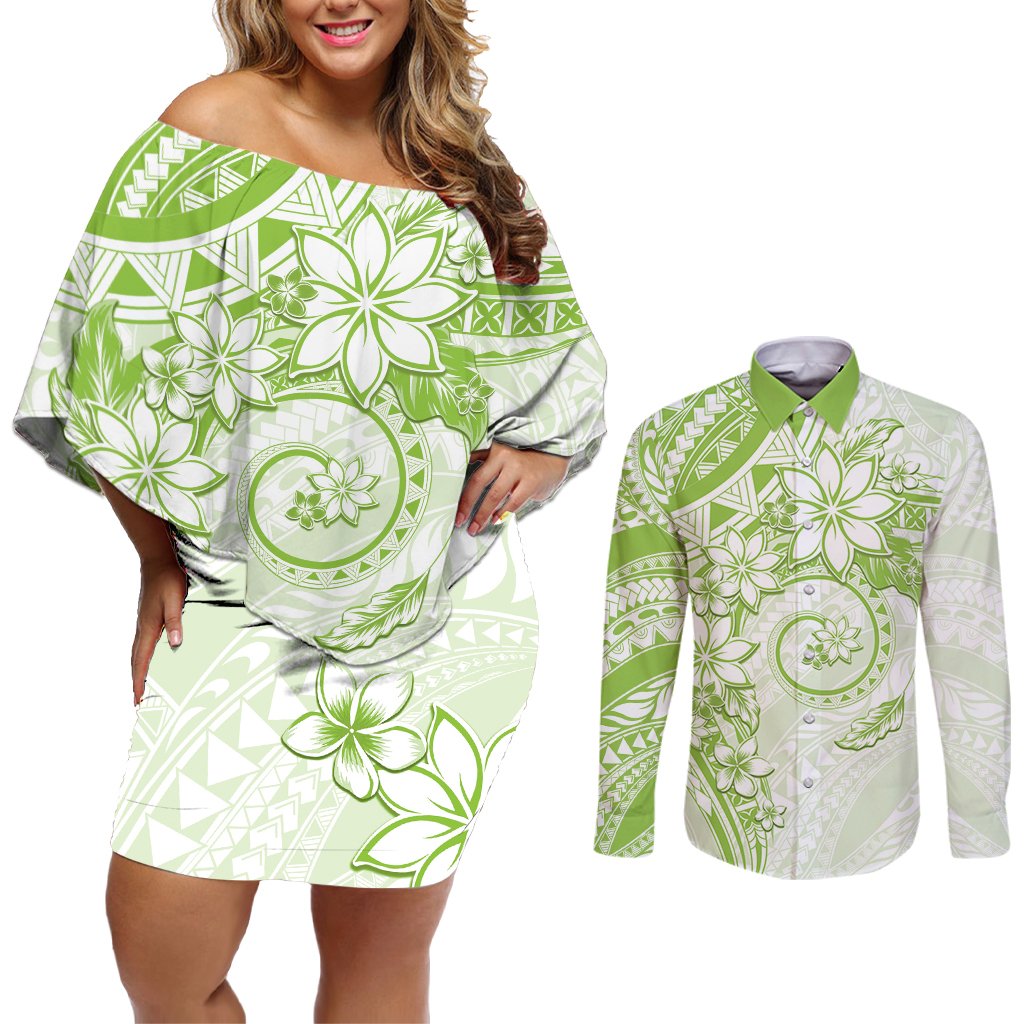 Polynesian Pattern With Plumeria Flowers Couples Matching Off Shoulder Short Dress and Long Sleeve Button Shirt Lime Green LT05 Lime Green - Polynesian Pride
