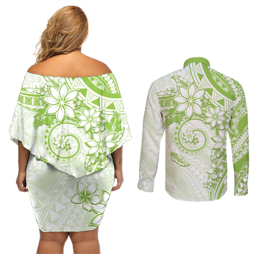 Polynesian Pattern With Plumeria Flowers Couples Matching Off Shoulder Short Dress and Long Sleeve Button Shirt Lime Green