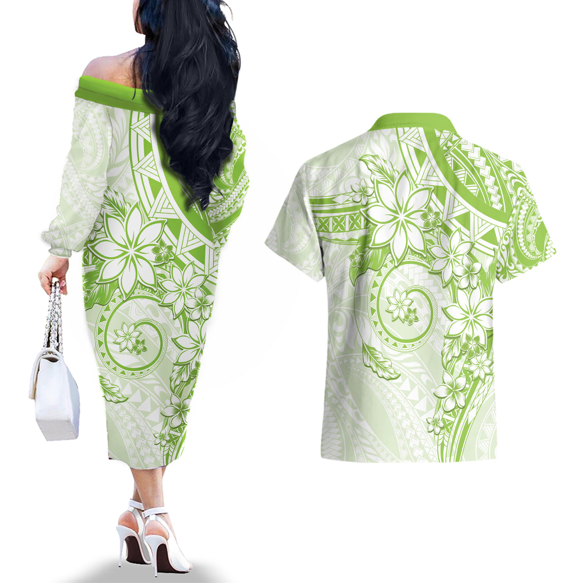Polynesian Pattern With Plumeria Flowers Couples Matching Off The Shoulder Long Sleeve Dress and Hawaiian Shirt Lime Green
