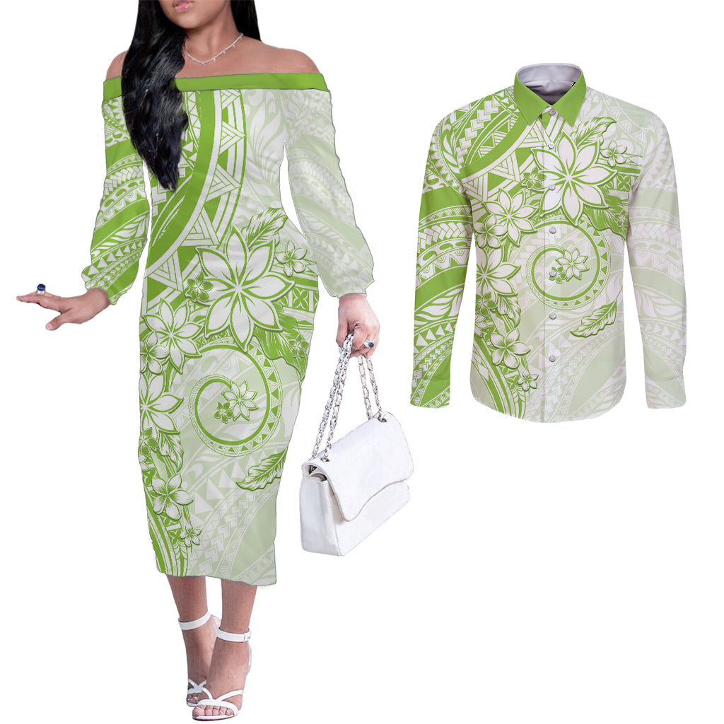 Polynesian Pattern With Plumeria Flowers Couples Matching Off The Shoulder Long Sleeve Dress and Long Sleeve Button Shirt Lime Green