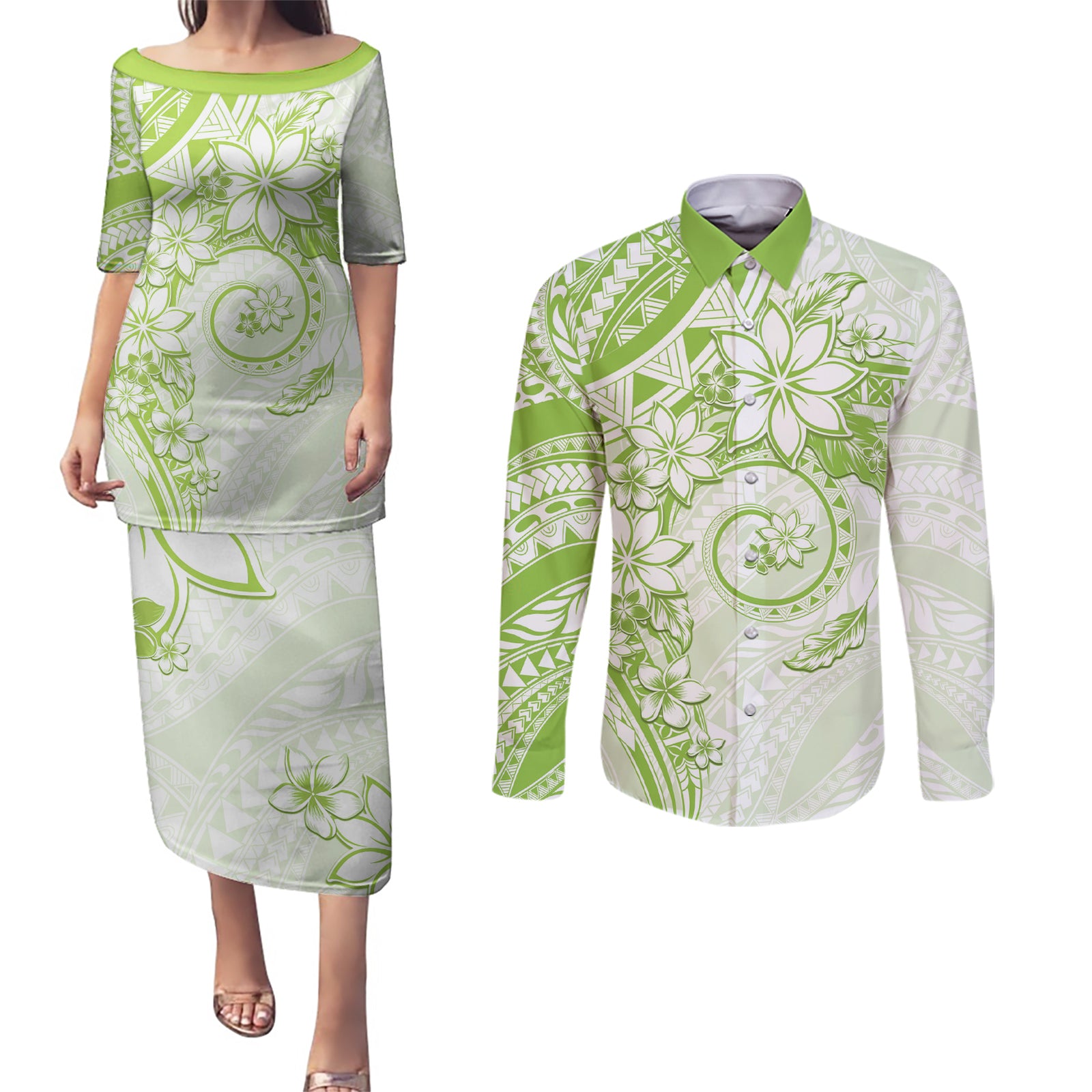 Polynesian Pattern With Plumeria Flowers Couples Matching Puletasi and Long Sleeve Button Shirt Lime Green LT05 Lime Green - Polynesian Pride