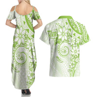Polynesian Pattern With Plumeria Flowers Couples Matching Summer Maxi Dress and Hawaiian Shirt Lime Green