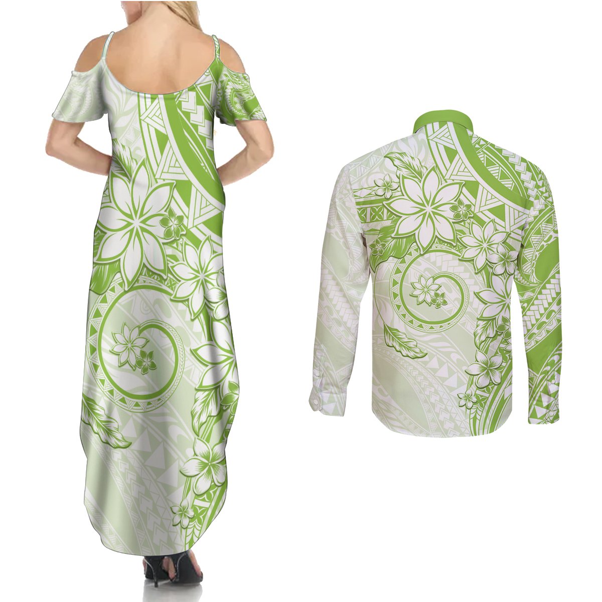 Polynesian Pattern With Plumeria Flowers Couples Matching Summer Maxi Dress and Long Sleeve Button Shirt Lime Green