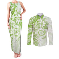 Polynesian Pattern With Plumeria Flowers Couples Matching Tank Maxi Dress and Long Sleeve Button Shirt Lime Green