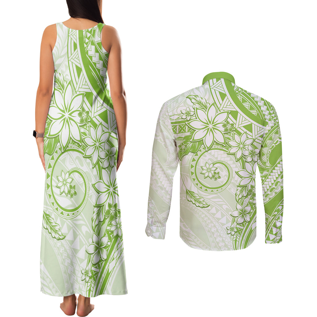 Polynesian Pattern With Plumeria Flowers Couples Matching Tank Maxi Dress and Long Sleeve Button Shirt Lime Green