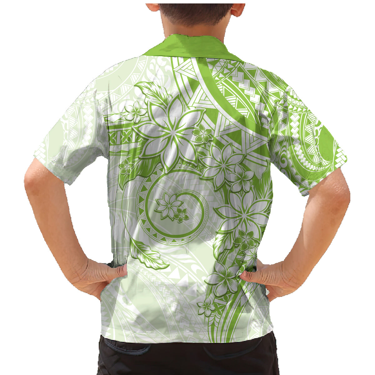 Polynesian Pattern With Plumeria Flowers Family Matching Mermaid Dress and Hawaiian Shirt Lime Green LT05 - Polynesian Pride