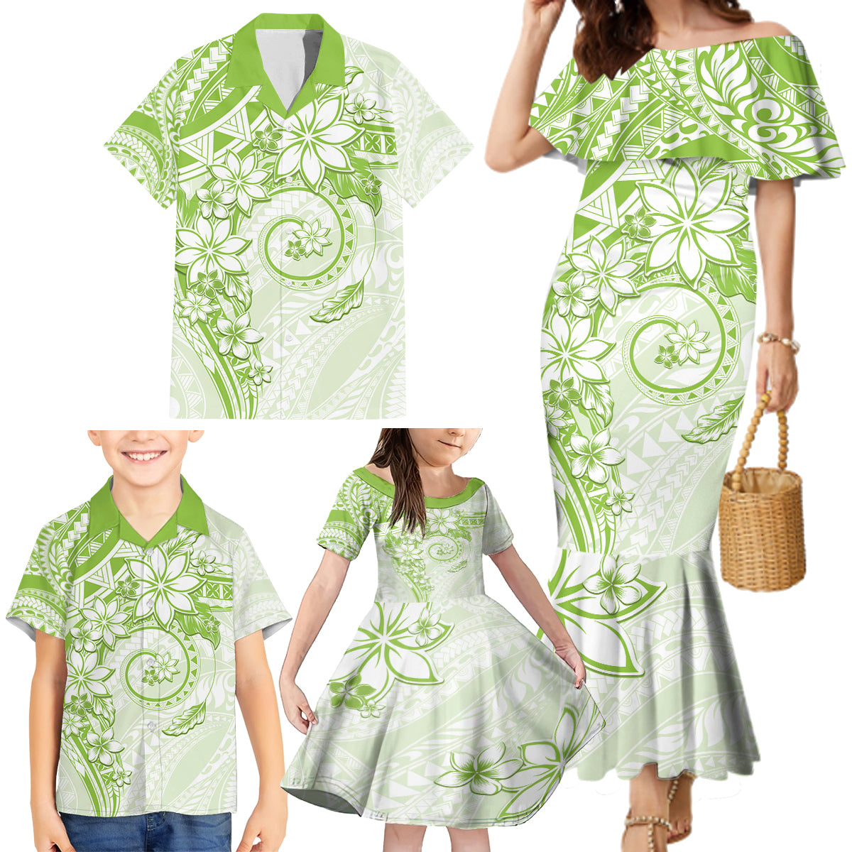 Polynesian Pattern With Plumeria Flowers Family Matching Mermaid Dress and Hawaiian Shirt Lime Green LT05 - Polynesian Pride