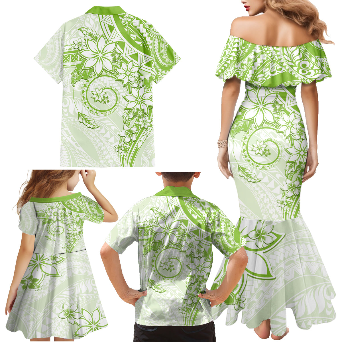 Polynesian Pattern With Plumeria Flowers Family Matching Mermaid Dress and Hawaiian Shirt Lime Green LT05 - Polynesian Pride