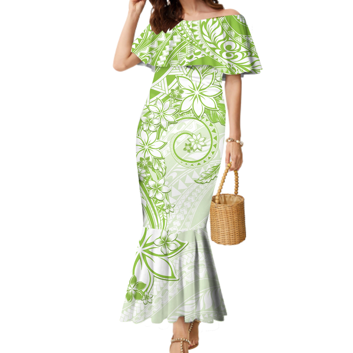 Polynesian Pattern With Plumeria Flowers Family Matching Mermaid Dress and Hawaiian Shirt Lime Green LT05 Mom's Dress Lime Green - Polynesian Pride